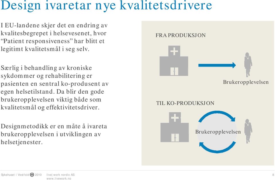 FRA PRODUKSJON Særlig i behandling av kroniske sykdommer og rehabilitering er pasienten en sentral ko-produsent av egen helsetilstand.