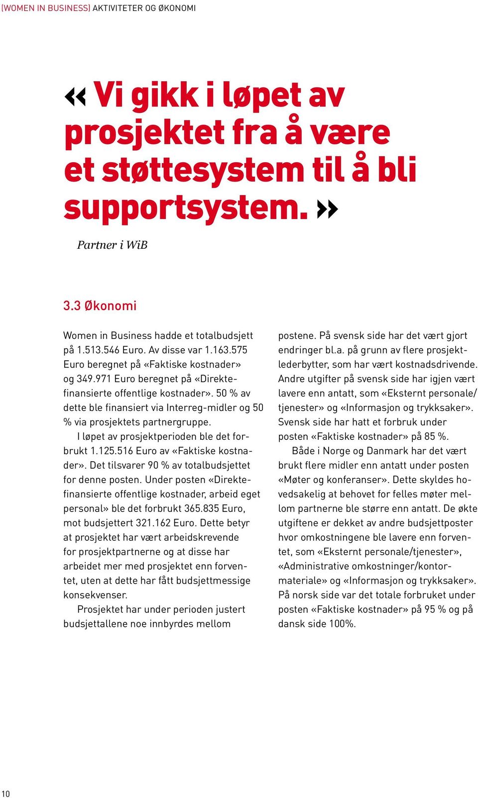 50 % av dette ble finansiert via Interreg-midler og 50 % via prosjektets partnergruppe. I løpet av prosjektperioden ble det forbrukt 1.125.516 Euro av «Faktiske kostnader».