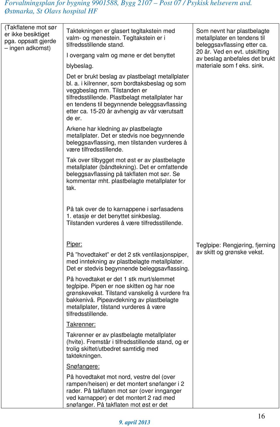 Plastbelagt metallplater har en tendens til begynnende beleggsavflassing etter ca. 15-20 år avhengig av vår værutsatt de er. Arkene har kledning av plastbelagte metallplater.