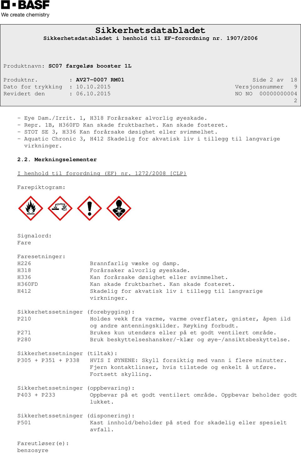1272/2008 [CLP} Farepiktogram: Signalord: Fare Faresetninger: H226 H318 H336 H360FD H412 Brannfarlig væske og damp. Forårsaker alvorlig øyeskade. Kan forårsake døsighet eller svimmelhet.