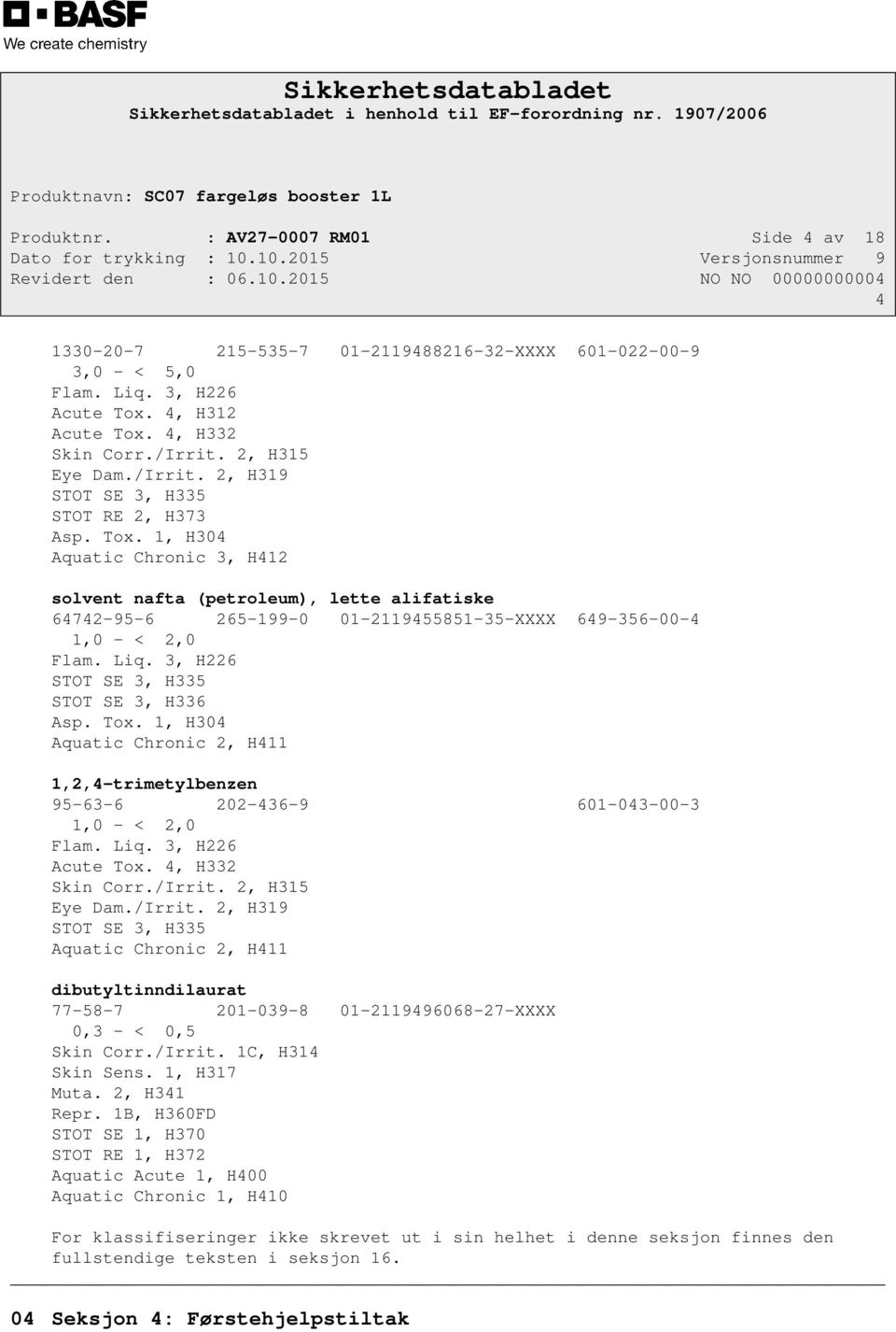 1, H304 Aquatic Chronic 3, H412 solvent nafta (petroleum), lette alifatiske 64742-95-6 265-199-0 01-2119455851-35-XXXX 649-356-00-4 1,0 - < 2,0 Flam. Liq. 3, H226 STOT SE 3, H335 STOT SE 3, H336 Asp.