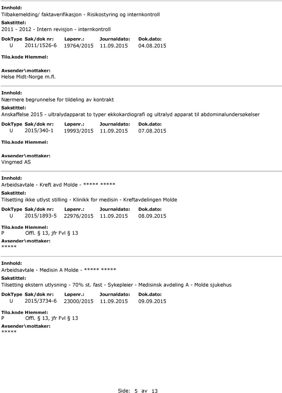 2015 Vingmed AS Arbeidsavtale - Kreft avd Molde - Tilsetting ikke utlyst stilling - Klinikk for medisin - Kreftavdelingen Molde P 2015/1893-5 22976/2015