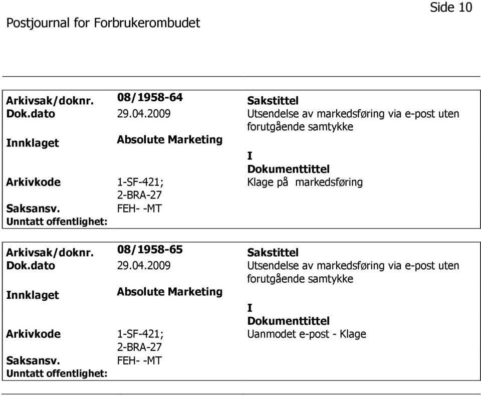 1-SF-421; 2-BRA-27 Klage på markedsføring FEH- -MT Arkivsak/doknr. 08/1958-65 Sakstittel Dok.dato 29.