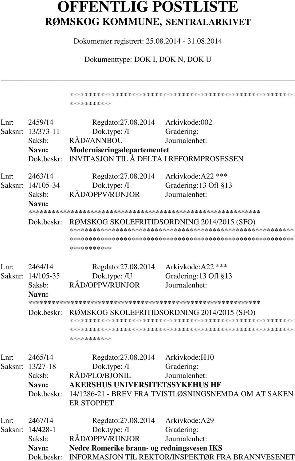 beskr: RØMSKOG SKOLEFRITIDSORDNING 2014/2015 (SFO) Lnr: 2464/14 Regdato:27.08.2014 Arkivkode:A22 *** Saksnr: 14/105-35 Dok.type: /U Gradering:13 Ofl 13 ** Dok.