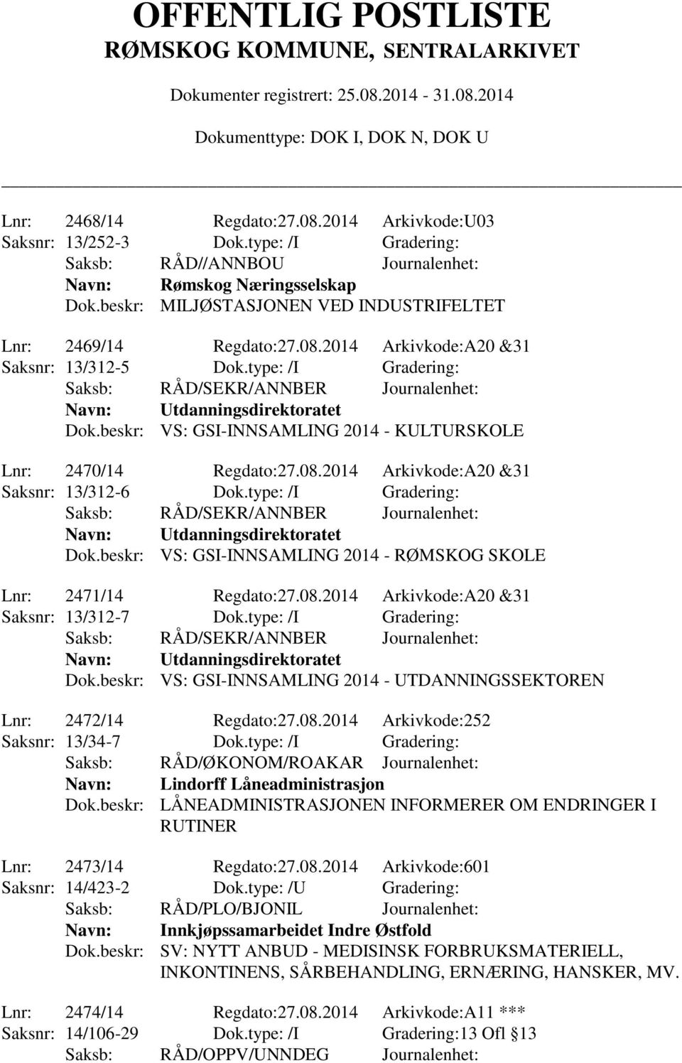 beskr: VS: GSI-INNSAMLING 2014 - KULTURSKOLE Lnr: 2470/14 Regdato:27.08.2014 Arkivkode:A20 &31 Saksnr: 13/312-6 Dok.type: /I Gradering: Saksb: RÅD/SEKR/ANNBER Journalenhet: Utdanningsdirektoratet Dok.