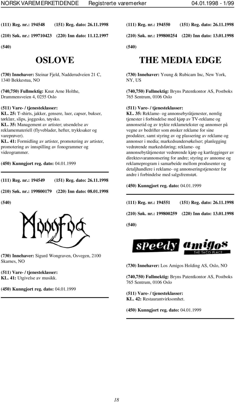 1998 OSLOVE THE MEDIA EDGE (730) Innehaver: Steinar Fjeld, Nadderudveien 21 C, 1340 Bekkestua, NO (740,750) Fullmektig: Knut Arne Holthe, Drammensveien 4, 0255 Oslo KL.