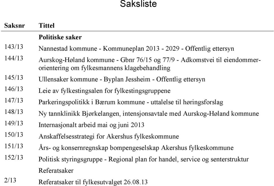 uttalelse til høringsforslag 148/13 Ny tannklinikk Bjørkelangen, intensjonsavtale med Aurskog-Høland kommune 149/13 Internasjonalt arbeid mai og juni 2013 150/13 Anskaffelsesstrategi for Akershus