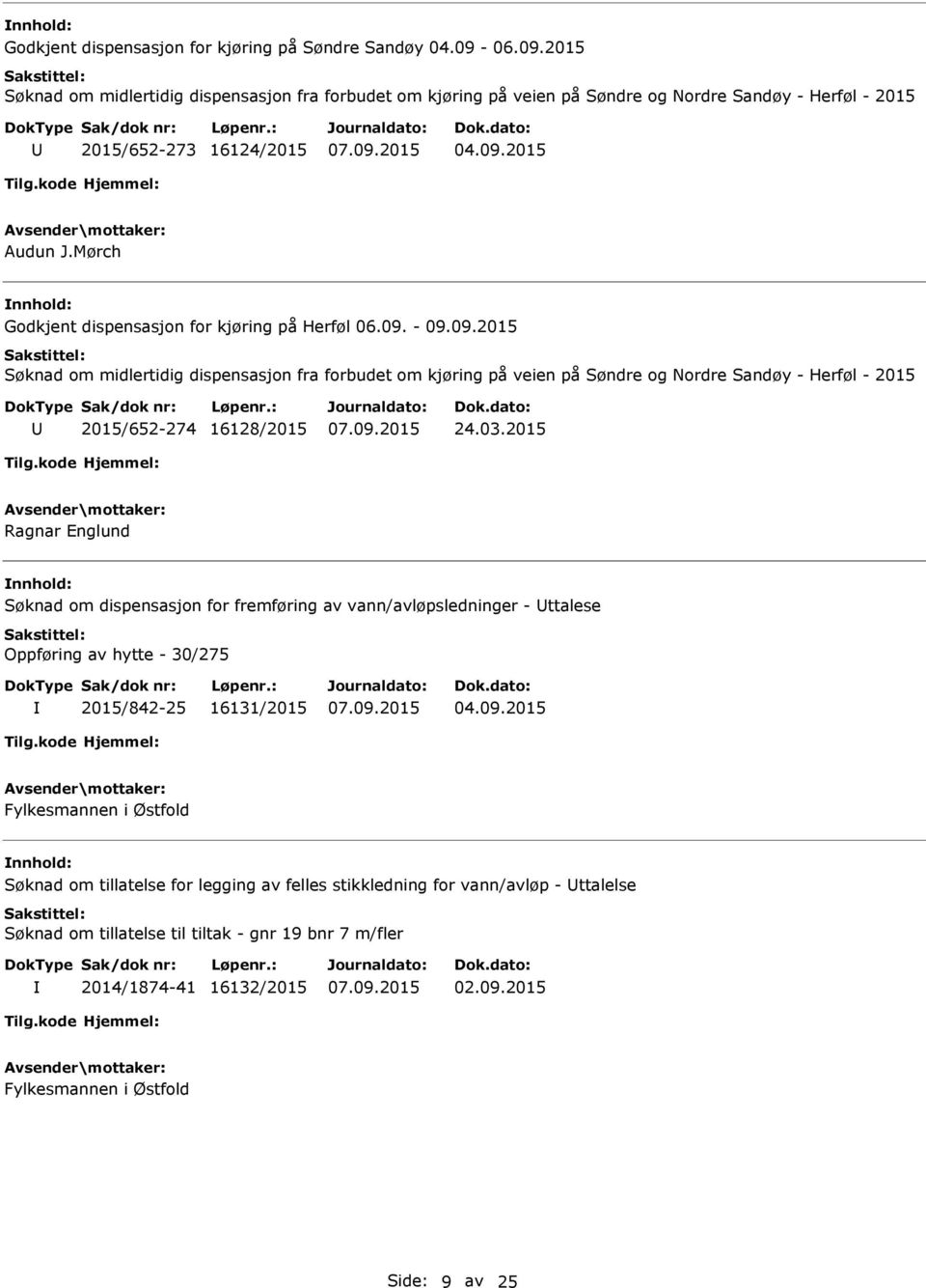 Mørch Godkjent dispensasjon for kjøring på Herføl 06.09. - 09.09.2015 Søknad om midlertidig dispensasjon fra forbudet om kjøring på veien på Søndre og Nordre Sandøy - Herføl - 2015 2015/652-274 16128/2015 24.