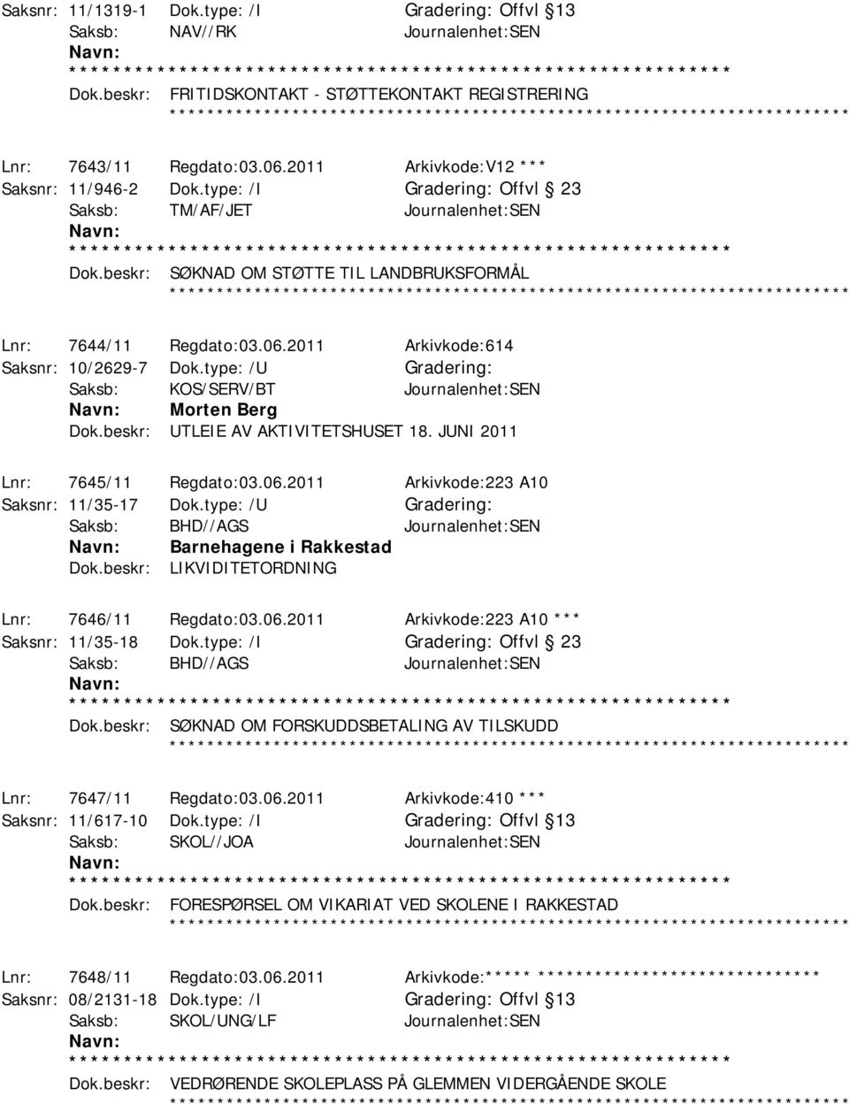 type: /U Saksb: KOS/SERV/BT Journalenhet:SEN Morten Berg Dok.beskr: UTLEIE AV AKTIVITETSHUSET 18. JUNI 2011 Lnr: 7645/11 Regdato:03.06.2011 Arkivkode:223 A10 Saksnr: 11/35-17 Dok.