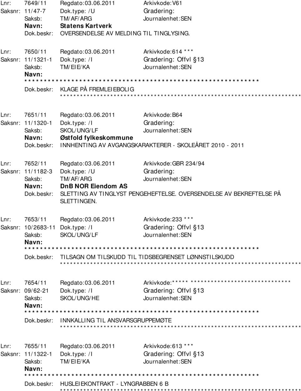 beskr: INNHENTING AV AVGANGSKARAKTERER - SKOLEÅRET 2010-2011 Lnr: 7652/11 Regdato:03.06.2011 Arkivkode:GBR 234/94 Saksnr: 11/1182-3 Dok.type: /U DnB NOR Eiendom AS Dok.