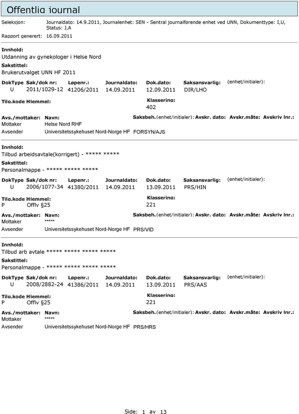 HF FORSYN/AJS Tilbud arbeidsavtale(korrigert) - ***** ***** ersonalmappe - ***** ***** ***** 2006/1077-34 41380/2011 RS/HN niversitetssykehuset Nord-Norge HF