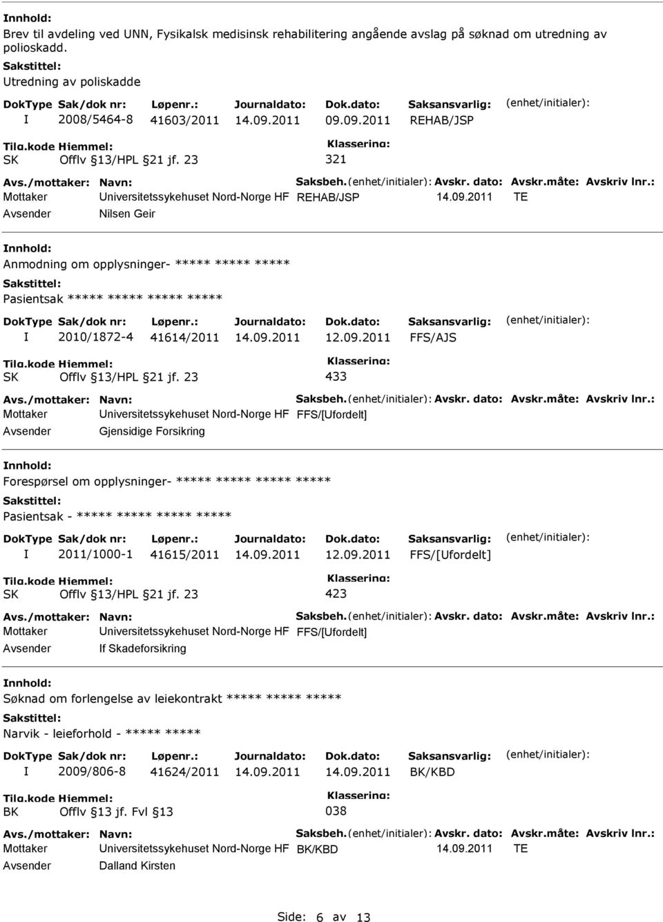 433 Mottaker niversitetssykehuset Nord-Norge HF FFS/[fordelt] Gjensidige Forsikring Forespørsel om opplysninger- ***** ***** ***** ***** asientsak - ***** ***** ***** ***** 2011/1000-1 41615/2011