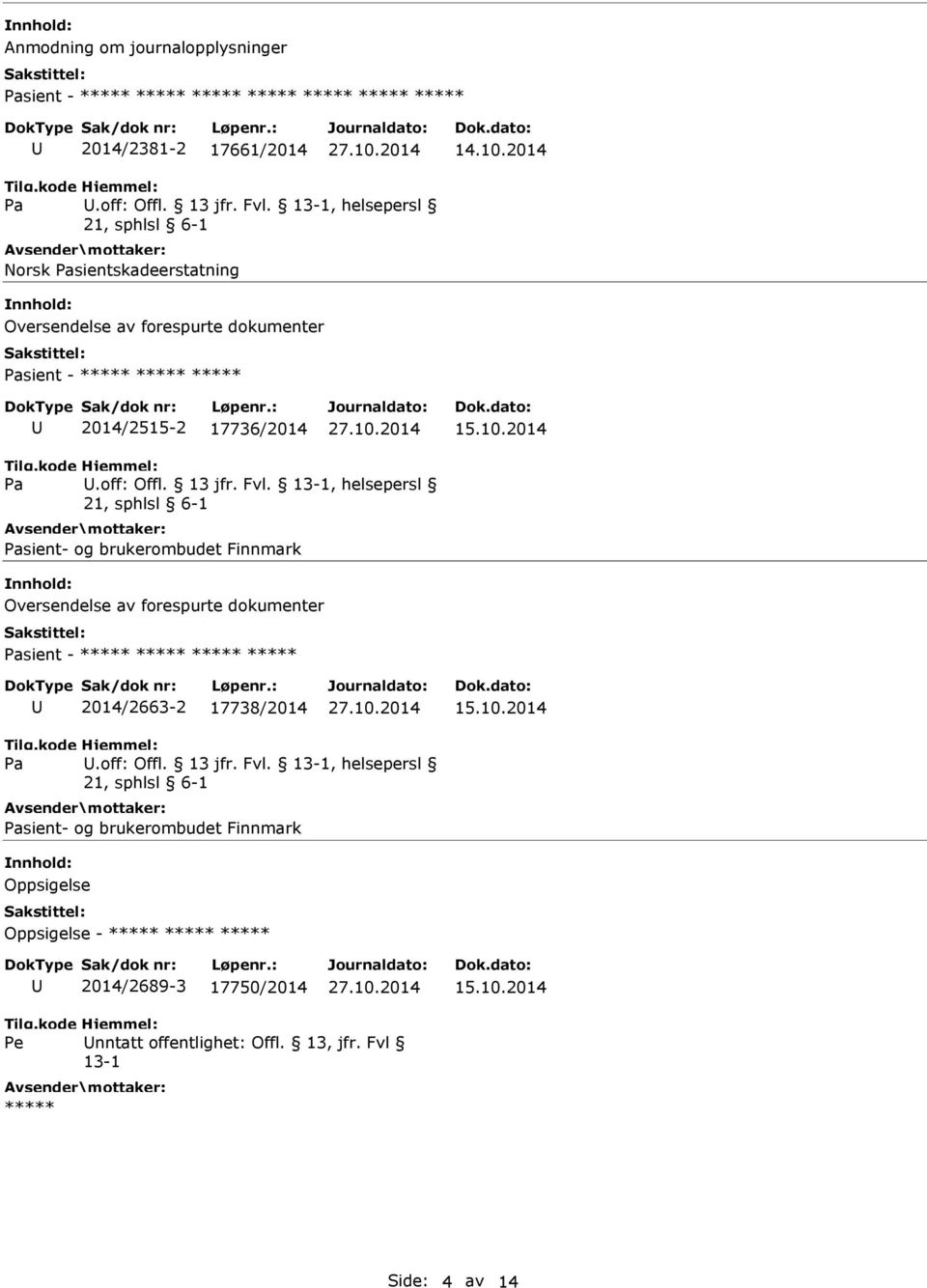 13-1, helsepersl sient- og brukerombudet Finnmark Oversendelse av forespurte dokumenter sient - ***** ***** ***** ***** 2014/2663-2 17738/2014 15.10.2014.off: Offl.