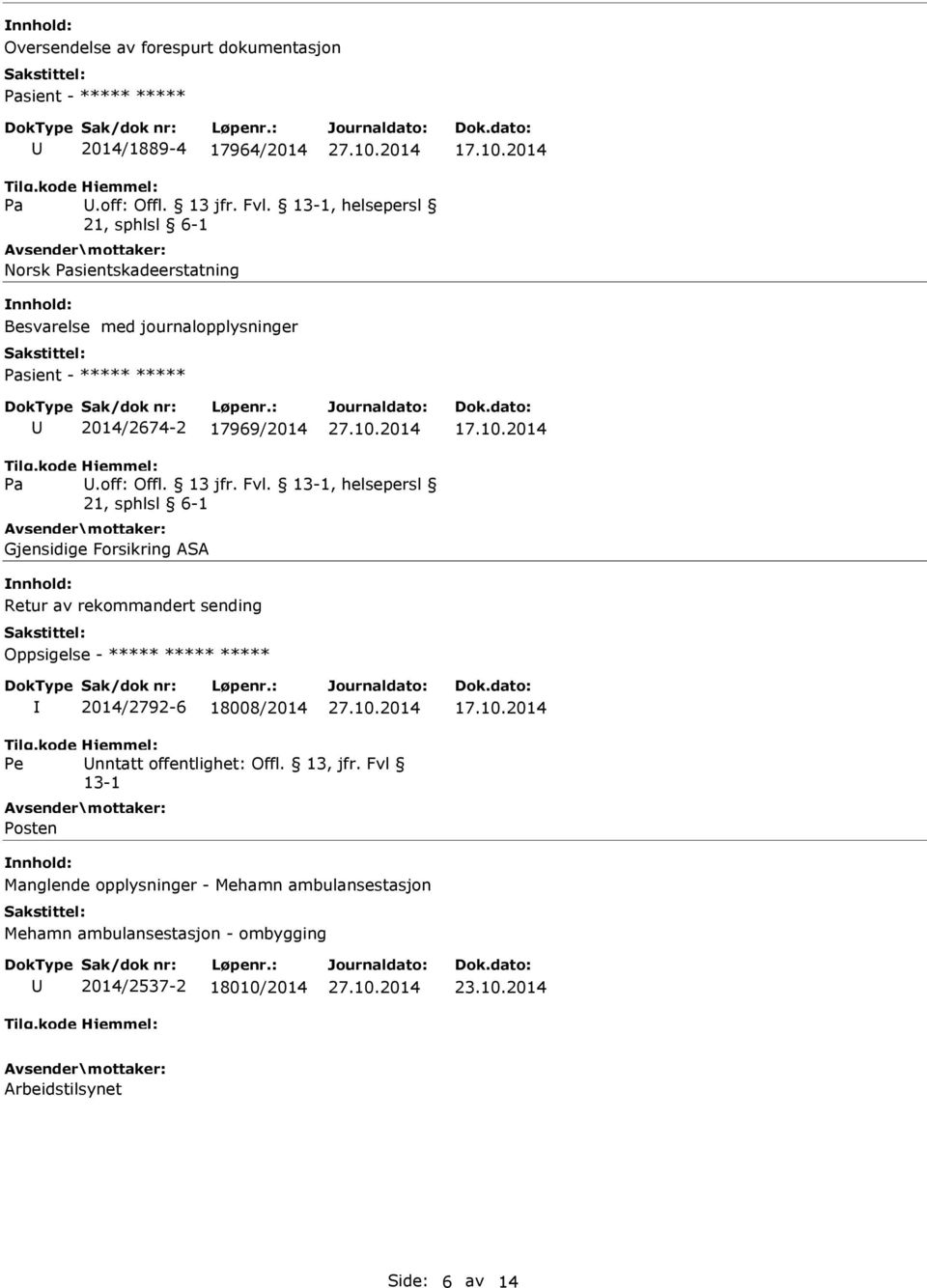 13-1, helsepersl Gjensidige Forsikring ASA Retur av rekommandert sending Oppsigelse - ***** ***** ***** 2014/2792-6 18008/2014 Pe nntatt