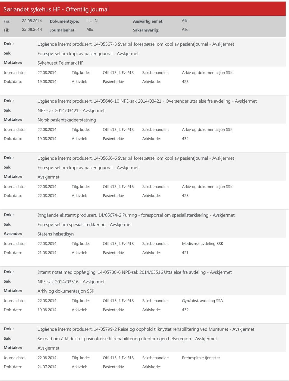 dato: 19.08.2014 Arkivdel: Pasientarkiv Arkivkode: 432 Utgående internt produsert, 14/05666-6 Svar på forespørsel om kopi av pasientjournal - Forespørsel om kopi av pasientjournal - Dok.