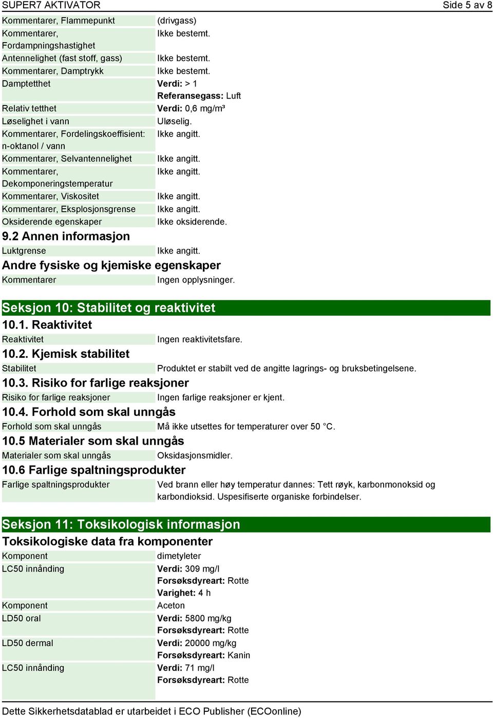 n-oktanol / vann Kommentarer, Selvantennelighet Ikke angitt. Kommentarer, Ikke angitt. Dekomponeringstemperatur Kommentarer, Viskositet Ikke angitt. Kommentarer, Eksplosjonsgrense Ikke angitt.