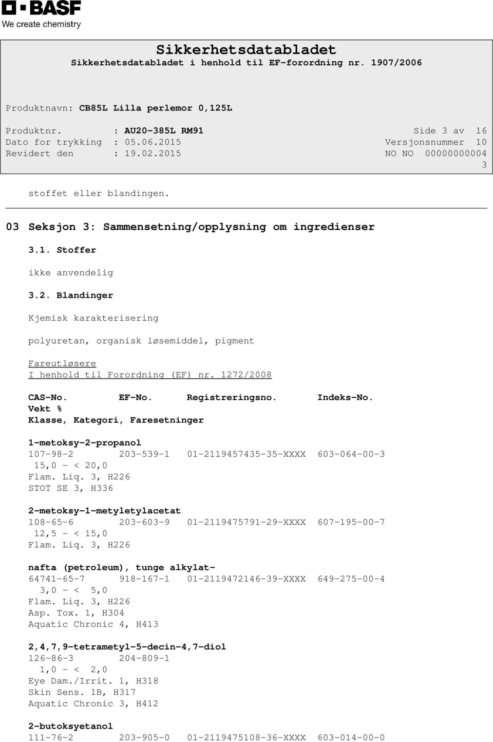 3, H226 STOT SE 3, H336 2-metoksy-1-metyletylacetat 108-65-6 203-603-9 01-2119475791-29-XXXX 607-195-00-7 12,5 - < 15,0 Flam. Liq.