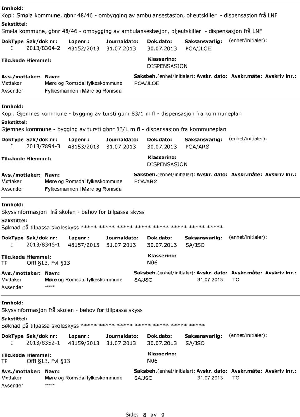 kommuneplan Gjemnes kommune - bygging av tursti gbnr 83/1 m fl - dispensasjon fra kommuneplan 2013/7894-3 48153/2013 POA/ARØ DSPENSASJON Mottaker Møre og Romsdal fylkeskommune POA/ARØ Fylkesmannen i