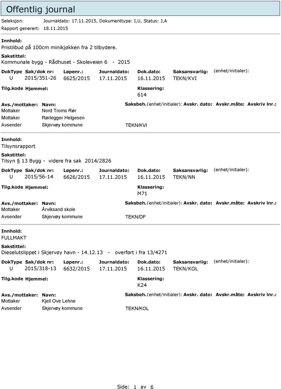 nnhold: Tilsynsrapport Tilsyn 13 Bygg - videre fra sak 2014/2826 2015/56-14 6626/2015 TEKN/NN M71 Mottaker Årviksand skole TEKN/DF nnhold: