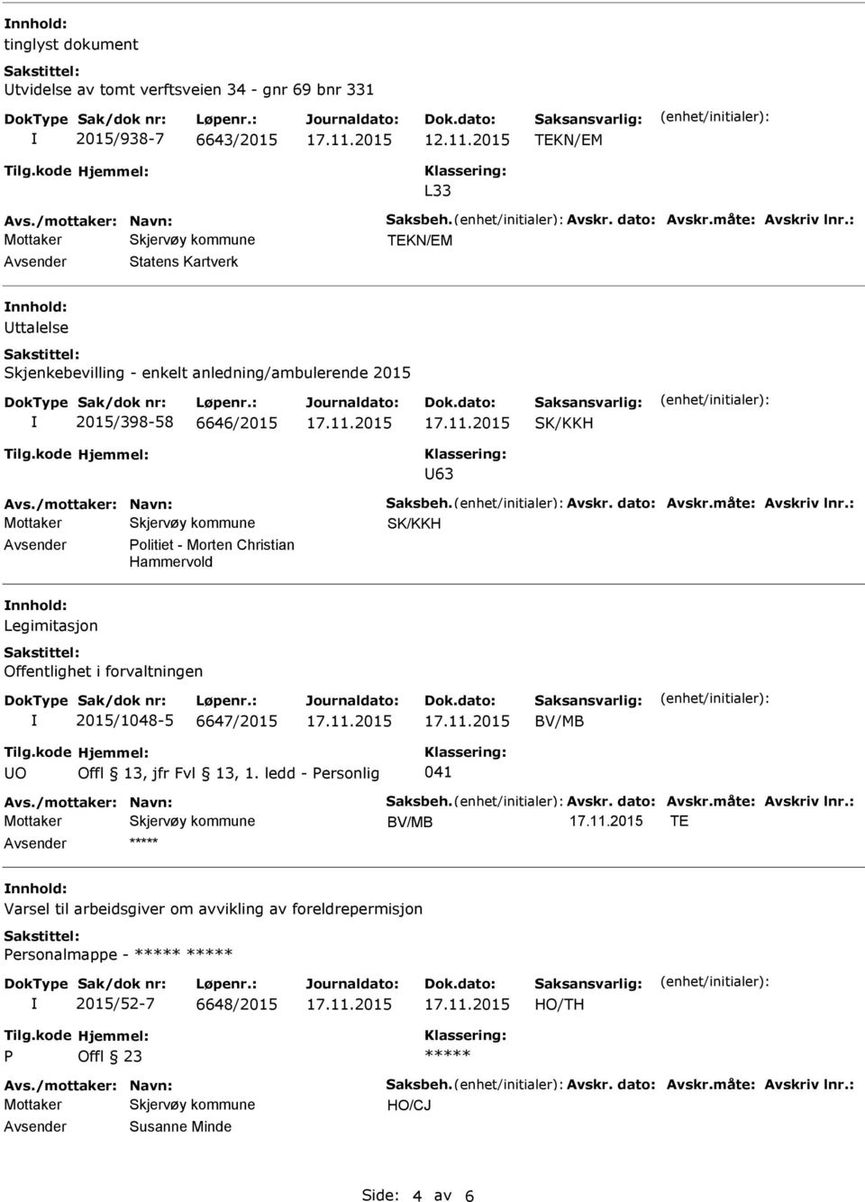 nnhold: Legimitasjon Offentlighet i forvaltningen 2015/1048-5 6647/2015 BV/MB O Offl 13, jfr Fvl 13, 1.