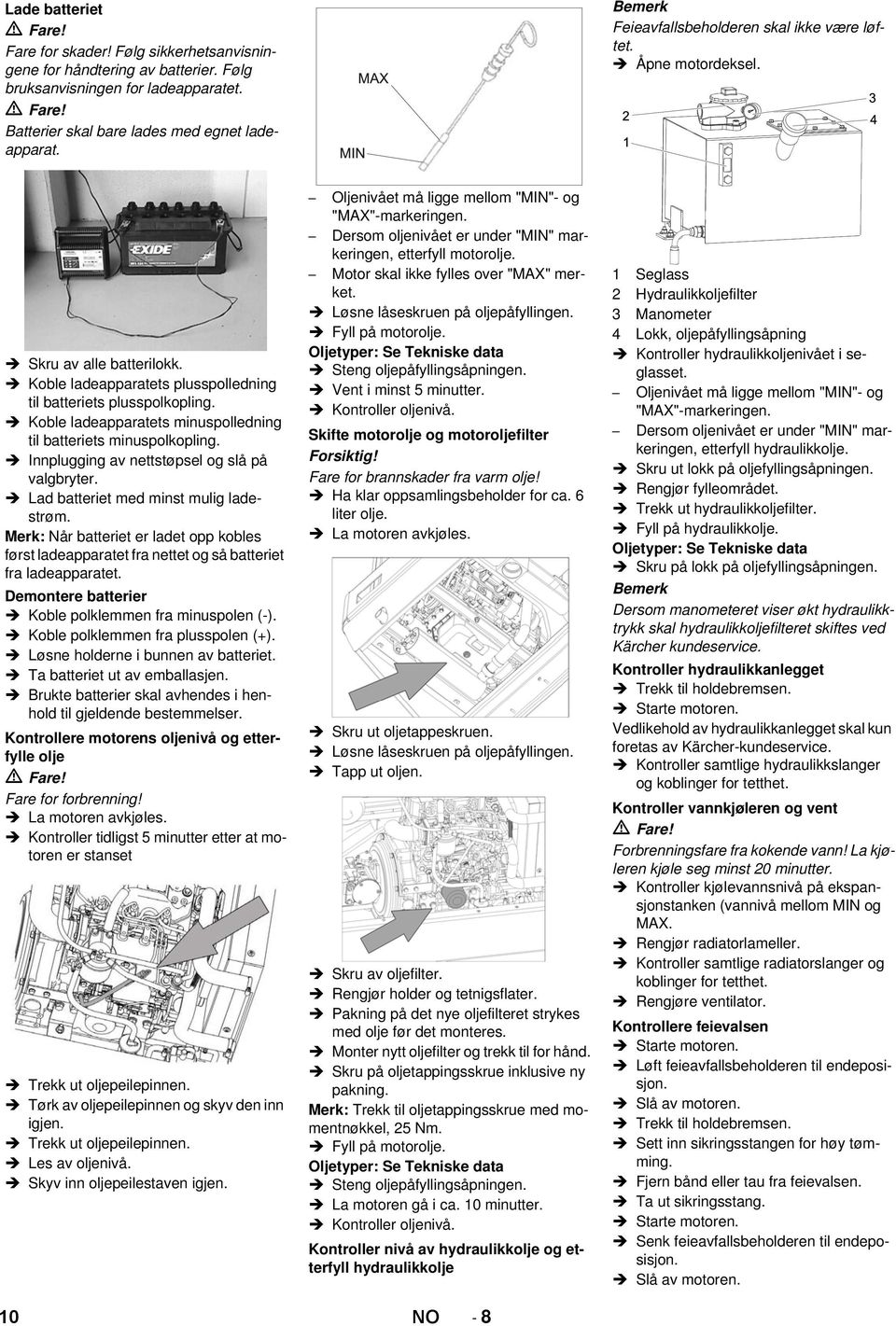 Koble ladeapparatets minuspolledning til batteriets minuspolkopling. Innplugging av nettstøpsel og slå på valgbryter. Lad batteriet med minst mulig ladestrøm.