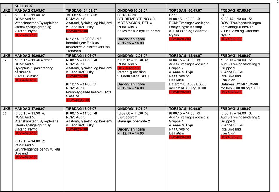 bibliotekar Unni Trondsen Gr 2: Kl 08.15 13.00 5t ROM: Treningsavdelingen Forflytningskunnskap v. og Charlotte Nyhus UKE MANDAG 10.09.07 TIRSDAG 11.09.07 ONSDAG 12.09.07 TORSDAG 13.09.07 FREDAG 14.09.07 37 Kl 08.