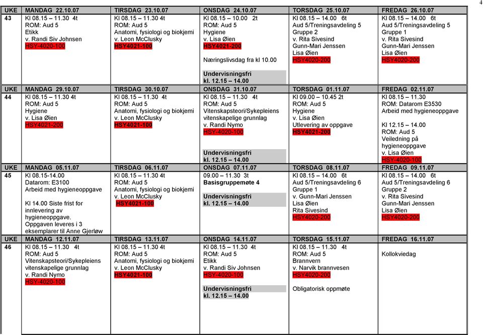 15 11.30 ROM: Datarom E3530 Arbeid med hygieneoppgave Kl 12.15 14.00 Veiledning på hygieneoppgave v. UKE MANDAG 05.11.07 TIRSDAG 06.11.07 ONSDAG 07.11.07 TORSDAG 08.11.07 FREDAG 09.11.07 45 Kl 08.