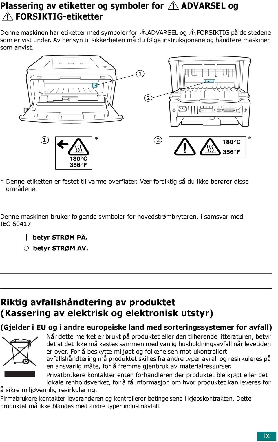 Denne maskinen bruker følgende symboler for hovedstrømbryteren, i samsvar med IEC 60417: betyr STRØM PÅ. betyr STRØM AV.