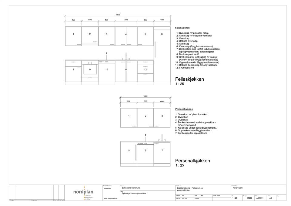 Oppvaskmaskin (Byggherreleveranse) 11: Dobbelt benkeskap for oppvaskkum 12: Skuffeseksjon Felleskjøkken 1 : 25 1800 600 600 600 Personalkjøkken 1 2 3 4 1: Overskap m/ plass for mikro 2: Overskap 3: