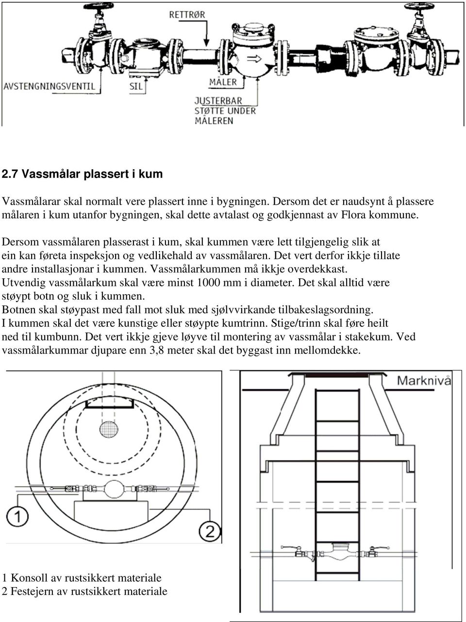 Dersom vassmålaren plasserast i kum, skal kummen være lett tilgjengelig slik at ein kan føreta inspeksjon og vedlikehald av vassmålaren. Det vert derfor ikkje tillate andre installasjonar i kummen.