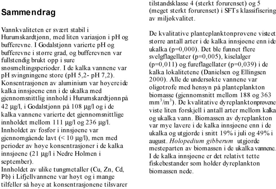 Konsentrasjonen av aluminium var høyere i de kalka innsjøene enn i de ukalka med gjennomsnittlig innhold i Hurumskardtjønn på 42 µg/l, i Godalstjønn på 108 µg/l og i de kalka vannene varierte det