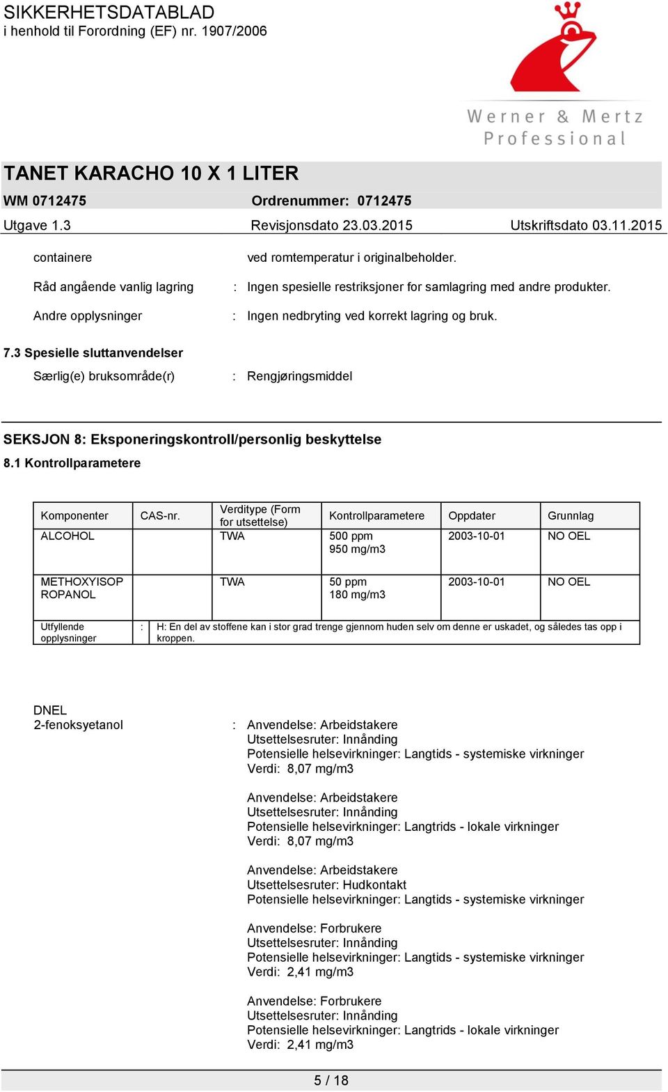 1 Kontrollparametere Komponenter CAS-nr.