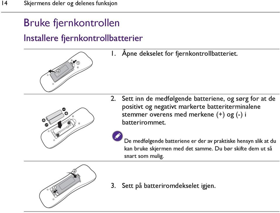 Sett inn de medfølgende batteriene, og sørg for at de positivt og negativt markerte batteriterminalene stemmer overens