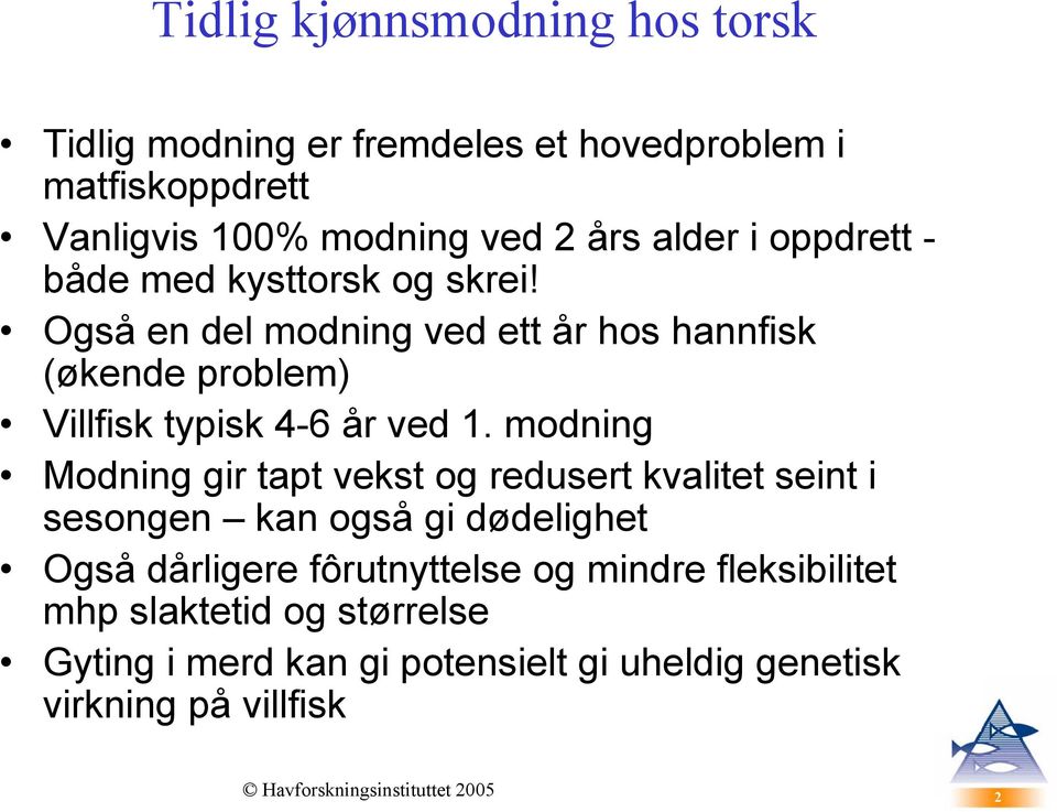 Også en del modning ved ett år hos hannfisk (økende problem) Villfisk typisk 4-6 år ved 1.