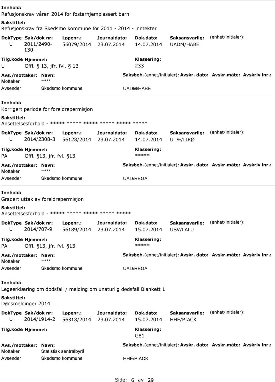 07.2014 SV/LAL Avs./mottaker: Navn: Saksbeh. Avskr. dato: Avskr.måte: Avskriv lnr.