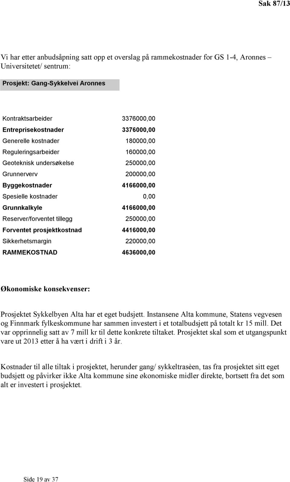 Grunnkalkyle 4166000,00 Reserver/forventet tillegg 250000,00 Forventet prosjektkostnad 4416000,00 Sikkerhetsmargin 220000,00 RAMMEKOSTNAD 4636000,00 Økonomiske konsekvenser: Prosjektet Sykkelbyen