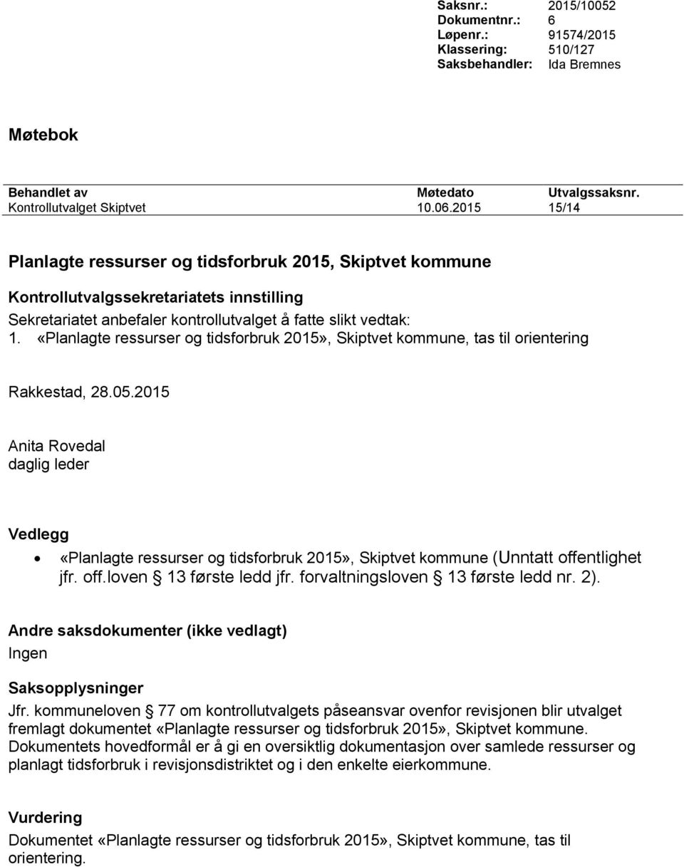 2015 Vedlegg «Planlagte ressurser og tidsforbruk 2015», Skiptvet kommune (Unntatt offentlighet jfr. off.loven 13 første ledd jfr. forvaltningsloven 13 første ledd nr. 2).