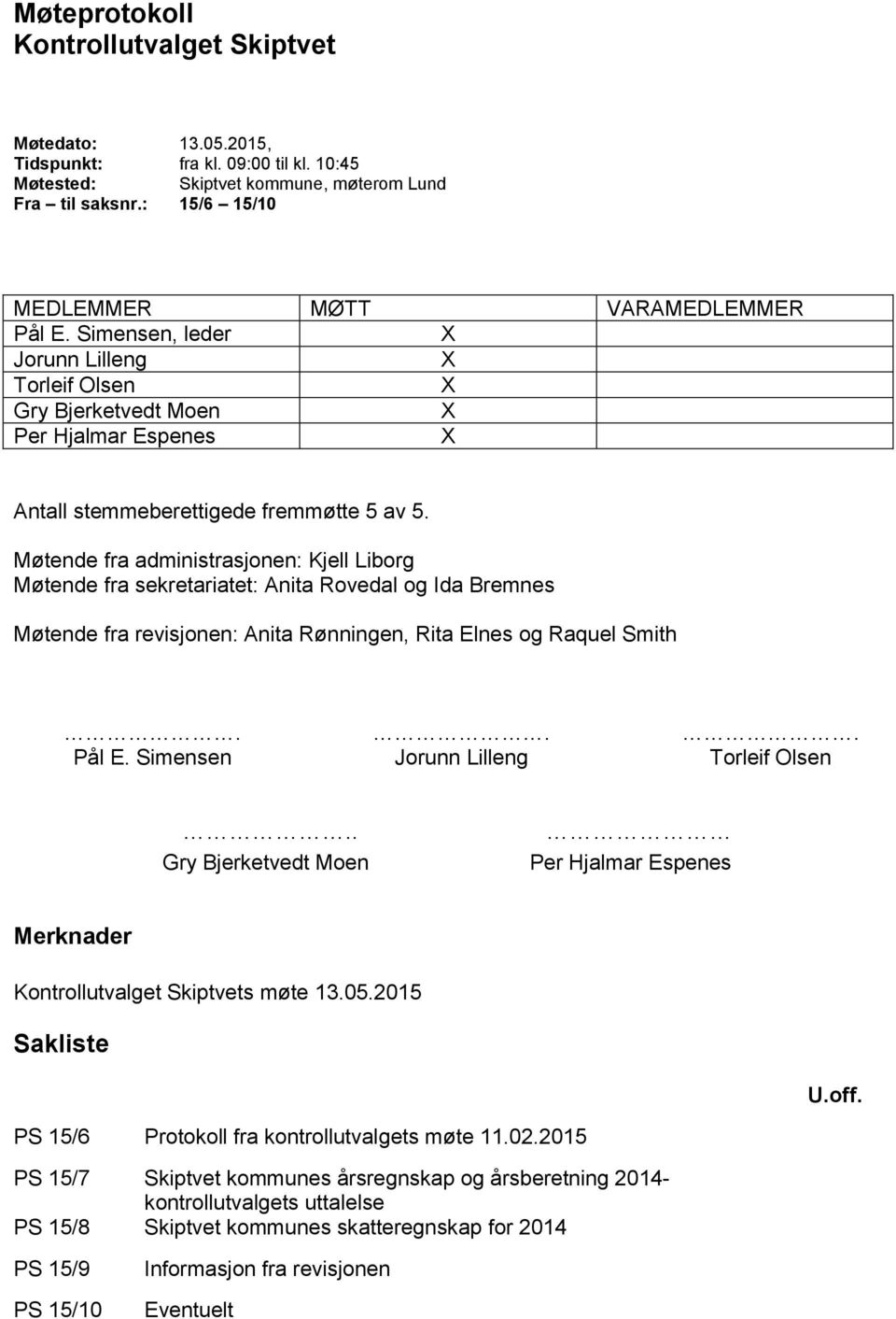 Møtende fra administrasjonen: Kjell Liborg Møtende fra sekretariatet: og Ida Bremnes Møtende fra revisjonen: Anita Rønningen, Rita Elnes og Raquel Smith... Pål E.