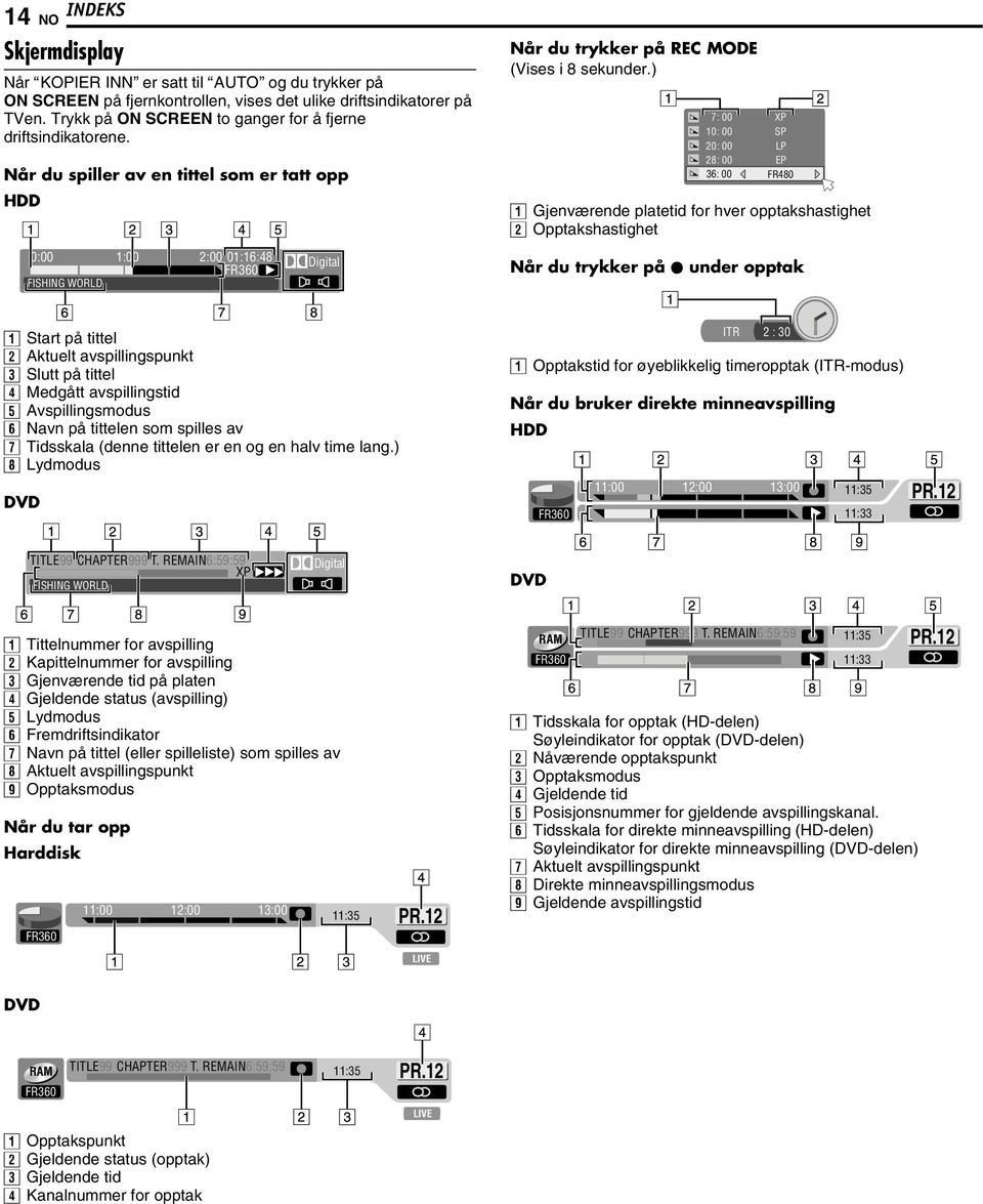 Når du spiller av en tittel som er tatt opp HDD 0:00 1:00 2:00 01:16:48 FR360 Digital FISHING WORLD Når du trykker på REC MODE (Vises i 8 sekunder.