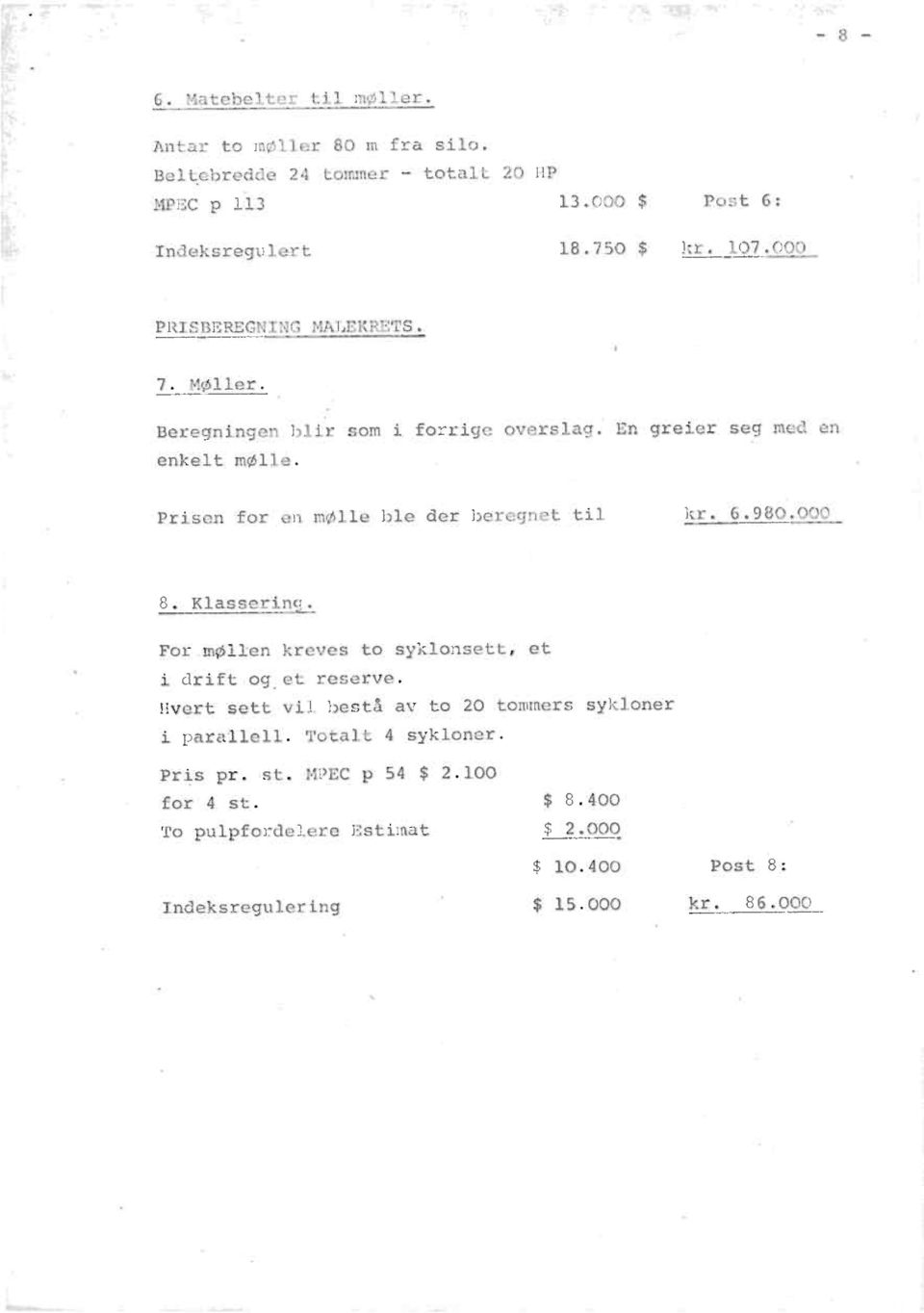 Prisen for en mølle ble der beregnet til kr. 6.980.000 Klasserin. For møllen kreves to syklonsett, et drift og et reserve.