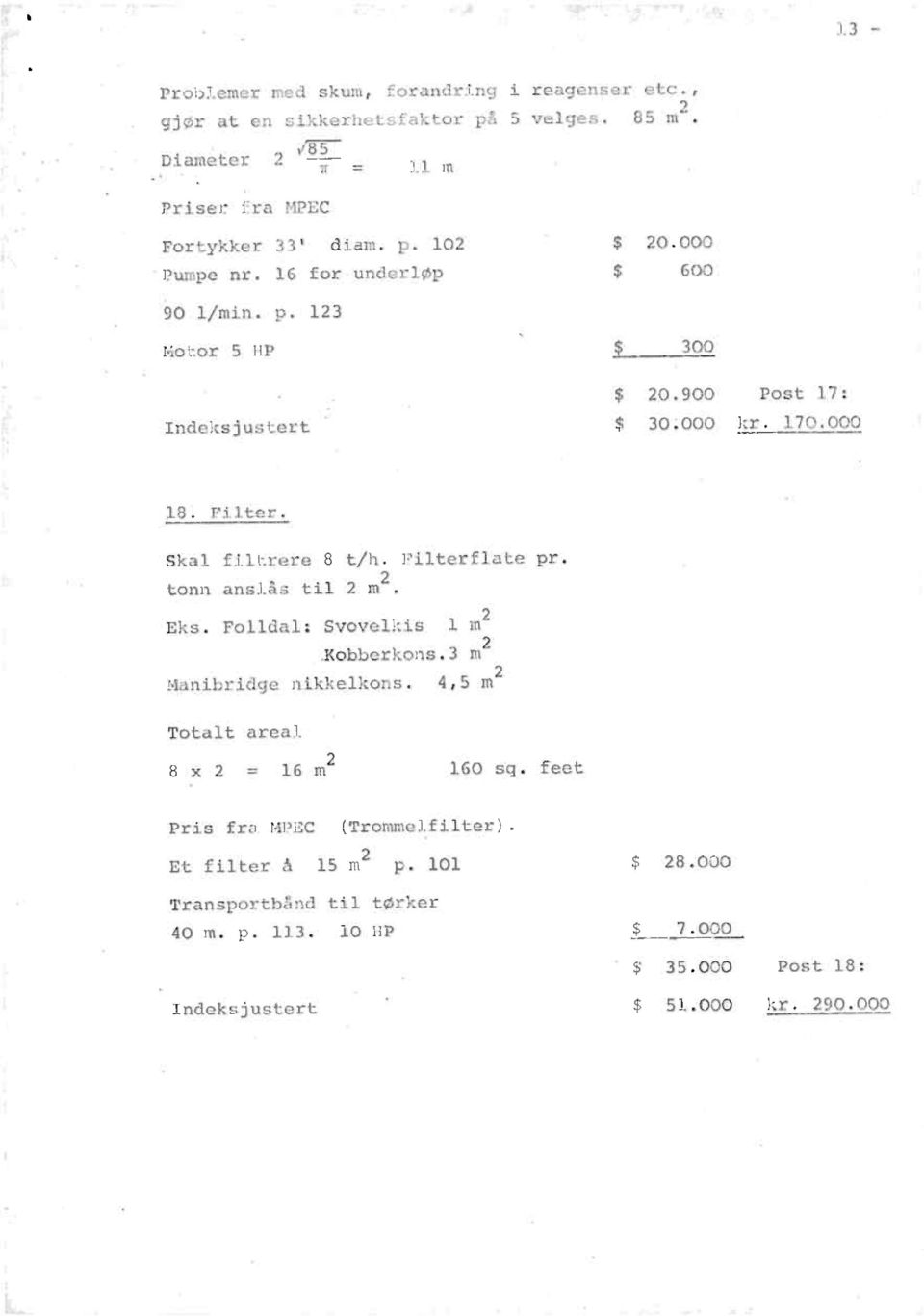 Filterflate pr. tonn anslås til 2 m2. Eks. Folldal: Svovelkis 1 m2 Æobberkons.3 m2 Manibridge nikkelkons. 4,5 m2 Totalt areal 8 x 2 = 16 m2 160 sq.