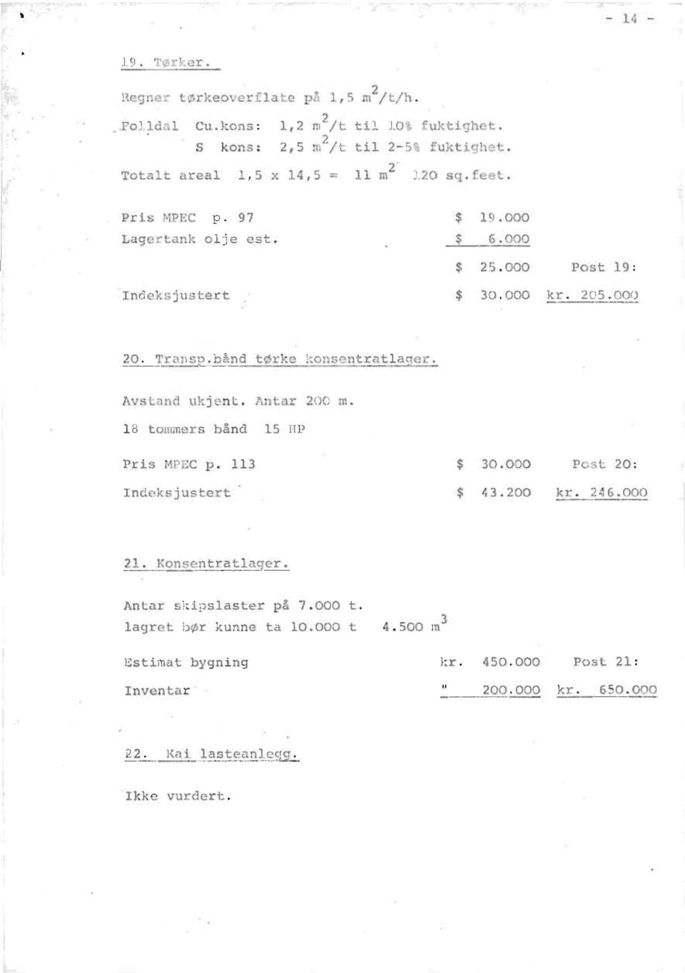 000 Trans.bånd tørke konsentratla er. Avstand ukjent. Antar 200 m. 18 tommers bånd 15 HP Pris MPEC p. 113 $ 30.000 Post 20: Indeksjustert $ 43.200 kr. 246.