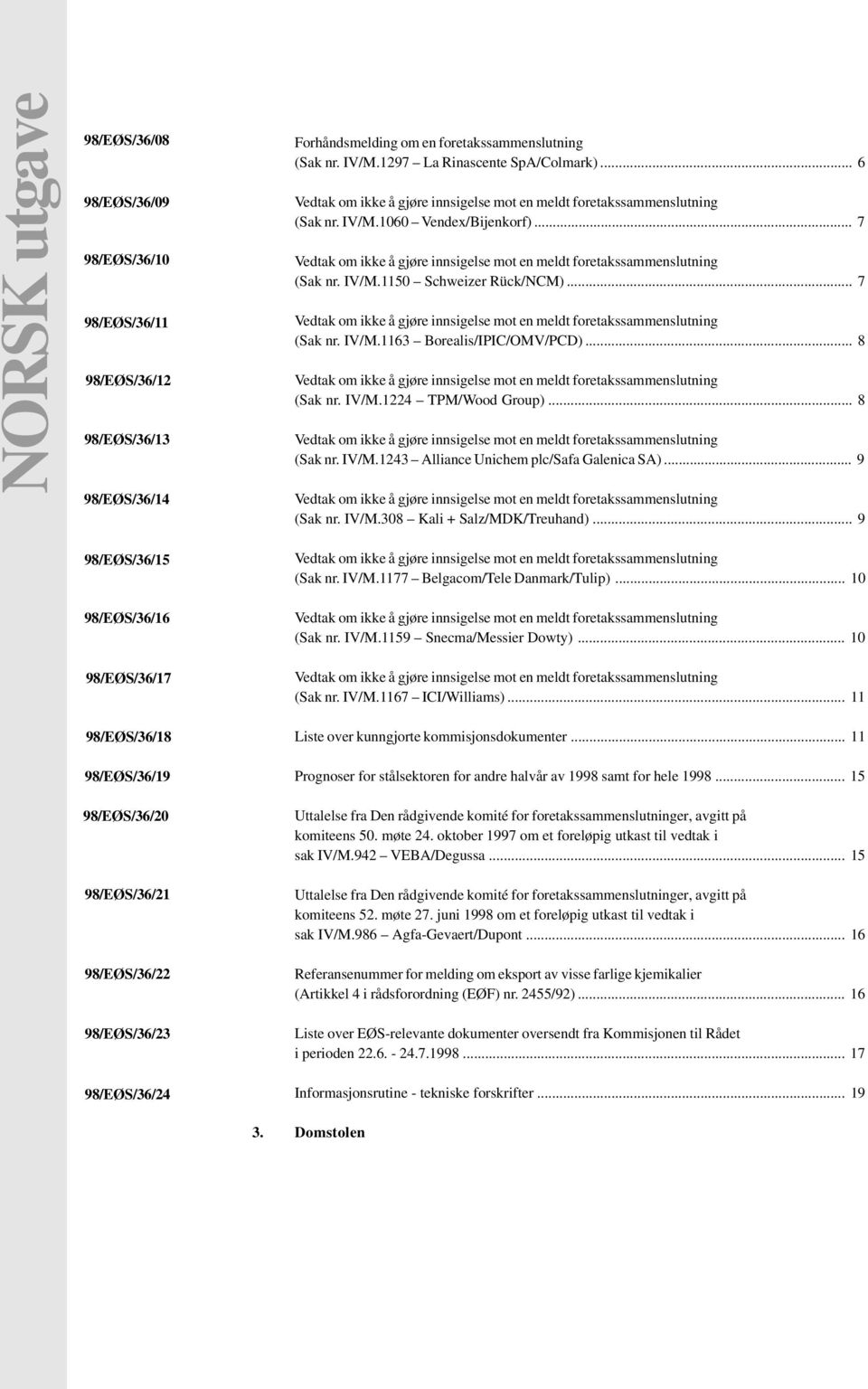 IV/M.1150 Schweizer Rück/NCM)... 7 Vedtak om ikke å gjøre innsigelse mot en meldt foretakssammenslutning (Sak nr. IV/M.1163 Borealis/IPIC/OMV/PCD).