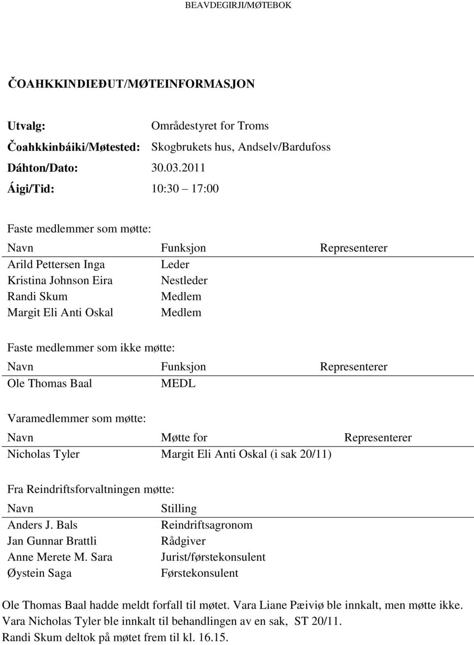 medlemmer som ikke møtte: Navn Funksjon Representerer Ole Thomas Baal MEDL Varamedlemmer som møtte: Navn Møtte for Representerer Nicholas Tyler Margit Eli Anti Oskal (i sak 20/11) Fra