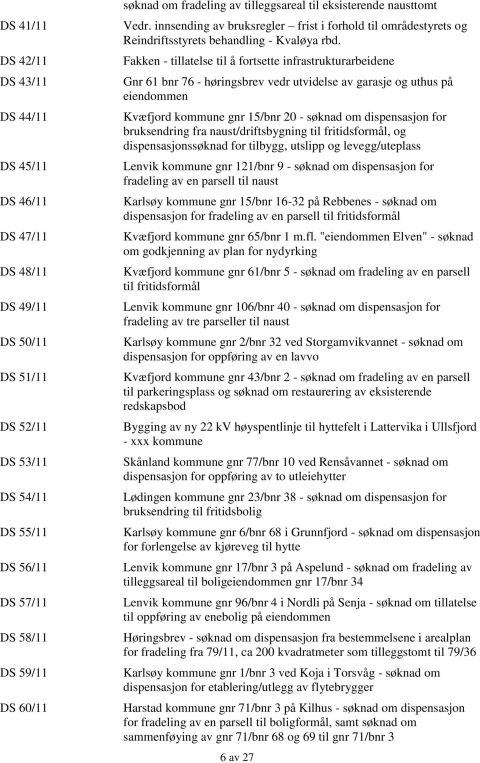 Fakken - tillatelse til å fortsette infrastrukturarbeidene Gnr 61 bnr 76 - høringsbrev vedr utvidelse av garasje og uthus på eiendommen Kvæfjord kommune gnr 15/bnr 20 - søknad om dispensasjon for