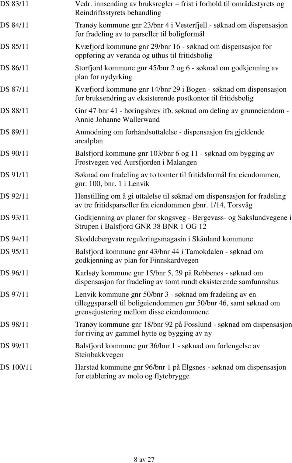 boligformål Kvæfjord kommune gnr 29/bnr 16 - søknad om dispensasjon for oppføring av veranda og uthus til fritidsbolig Storfjord kommune gnr 45/bnr 2 og 6 - søknad om godkjenning av plan for