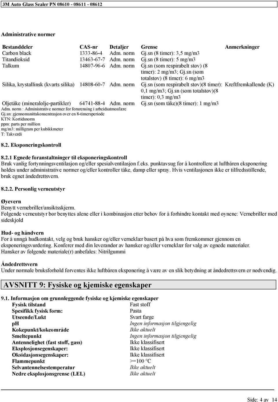 sn (som respirabelt støv)(8 timer): Kreftfremkallende (K) 0,1 mg/m3; Gj.sn (som totalstøv)(8 timer): 0,3 mg/m3 Oljetåke (mineralolje-partikler) 64741-88-4 Adm. norm Gj.