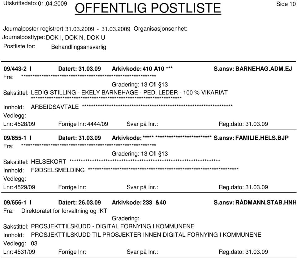 ansv: FAMILIE.HELS.BJP Sakstittel: HELSEKORT Innhold: FØDSELSMELDING Lnr: 4529/09 Forrige lnr: Svar på lnr.: Reg.dato: 31.03.09 09/656-1 I Datert: 26.03.09 Arkivkode: 233 &40 S.ansv: RÅDMANN.