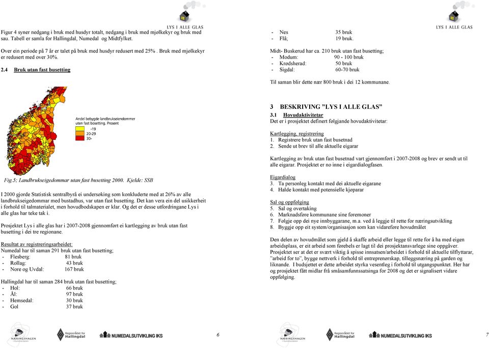 210 bruk utan fast busetting; - Modum: 90-100 bruk - Krødsherad: 50 bruk - Sigdal: 60-70 bruk Til saman blir dette nær 800 bruk i dei 12 kommunane. 3 BESKRIVING LYS I ALLE GLAS 3.