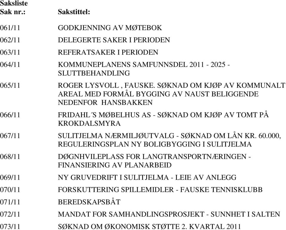 SØKNAD OM KJØP AV KOMMUNALT AREAL MED FORMÅL BYGGING AV NAUST BELIGGENDE NEDENFOR HANSBAKKEN 066/11 FRIDAHL S MØBELHUS AS - SØKNAD OM KJØP AV TOMT PÅ KROKDALSMYRA 067/11 SULITJELMA NÆRMILJØUTVALG -